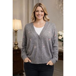 Witty Fox Gray Cardigan Sweater With Embroidered Flower Accents Cottage Size XL
